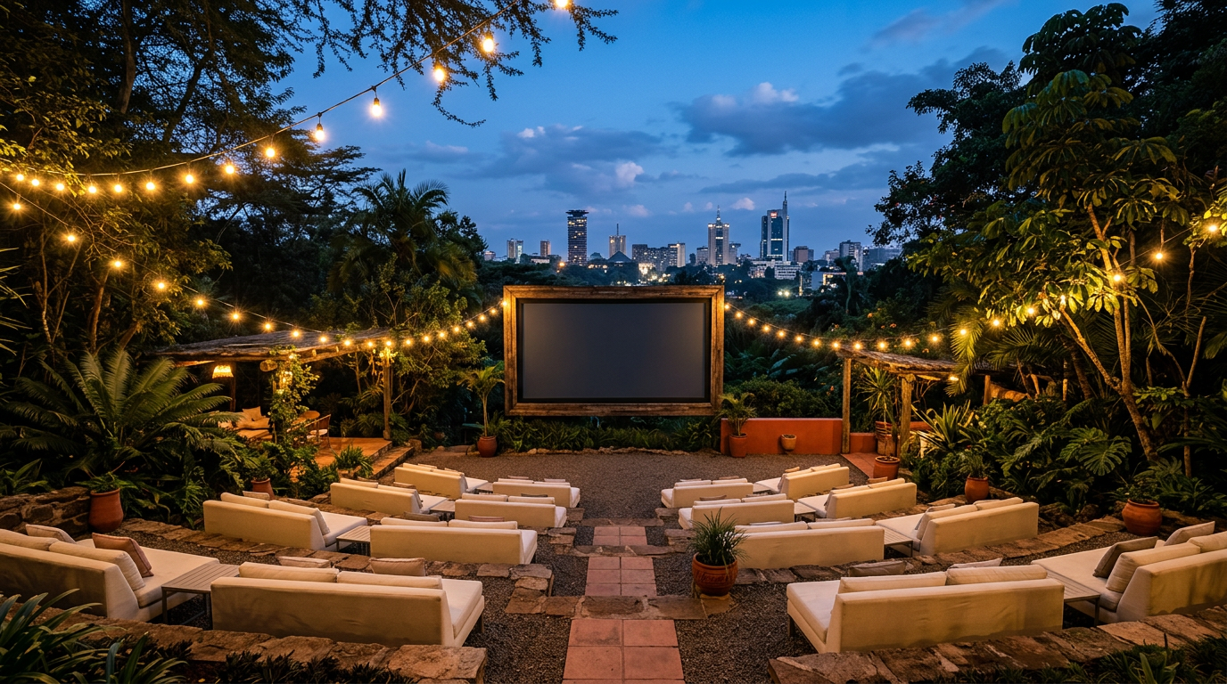 Outdoor cinema venue under warm lights